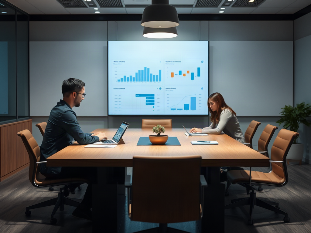 Small business owner and marketing team reviewing campaign dashboards around a conference table