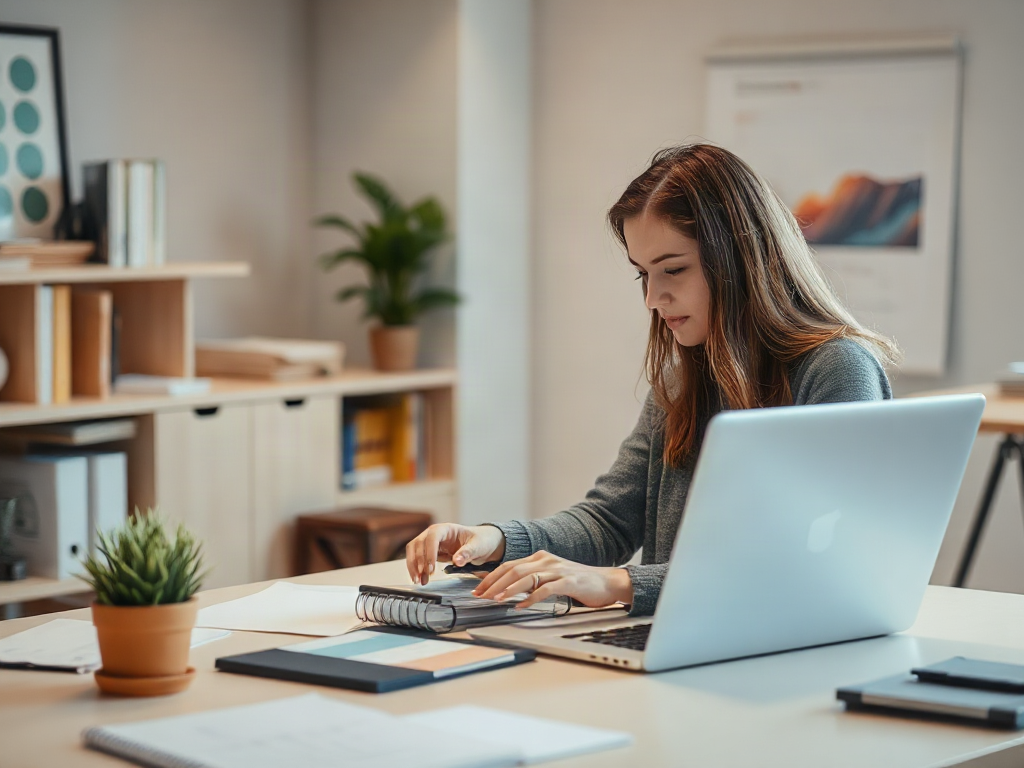 Designer at a desk reviewing service pages and inquiry forms on a laptop
