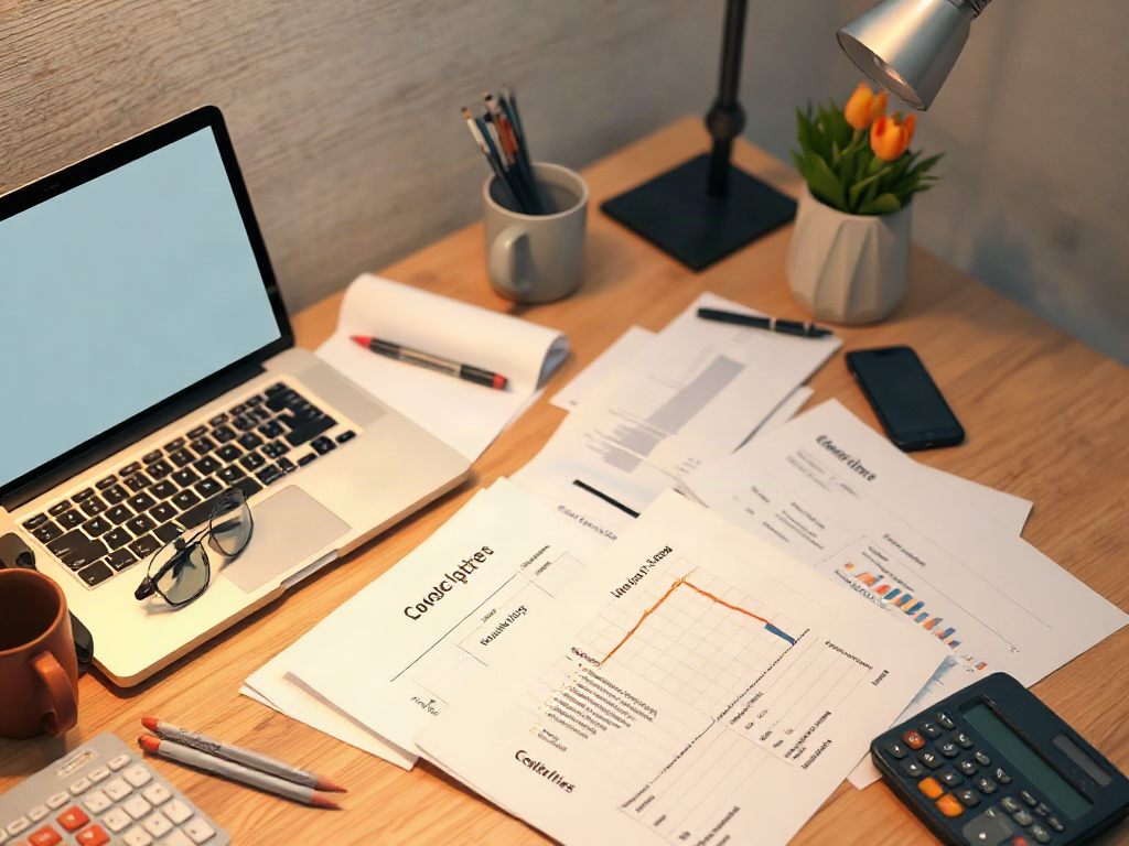 Laptop beside wireframes, feature checklist, calculator, and annotated project estimate on a desk