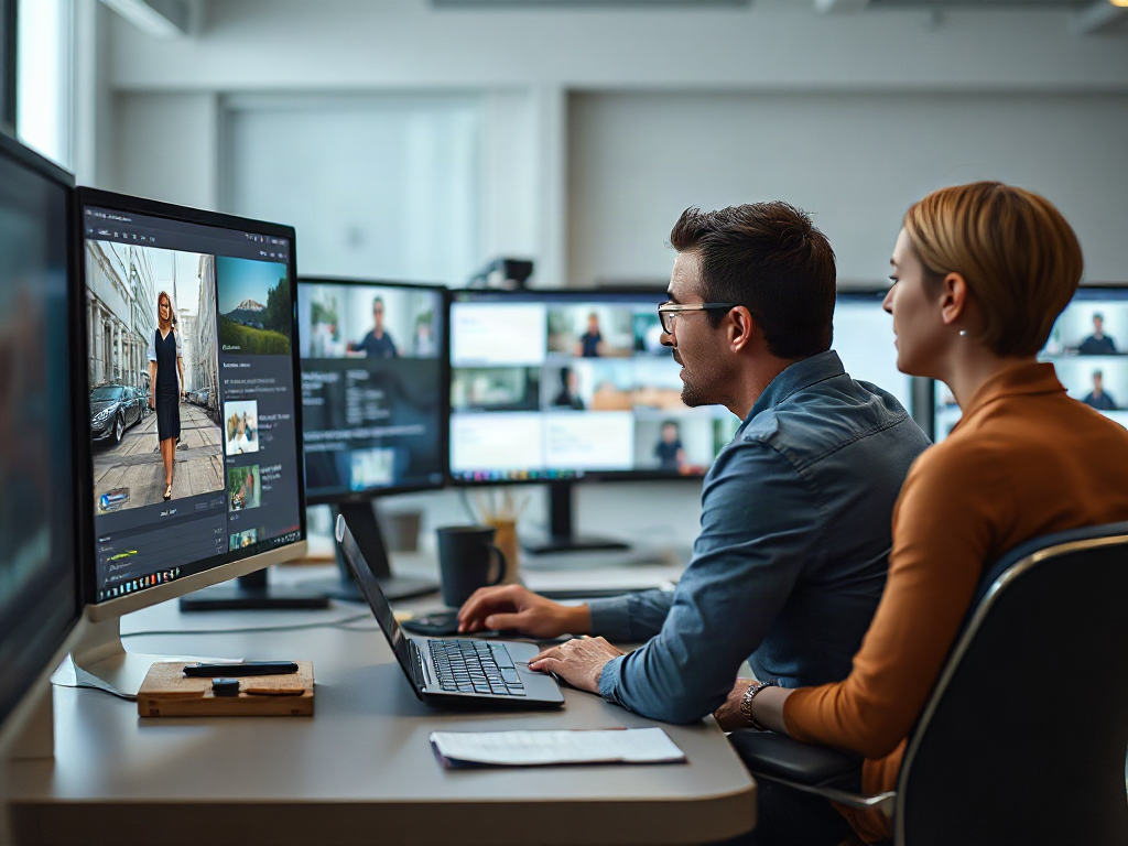 Marketing team reviewing product videos, content calendar, and analytics across office screens