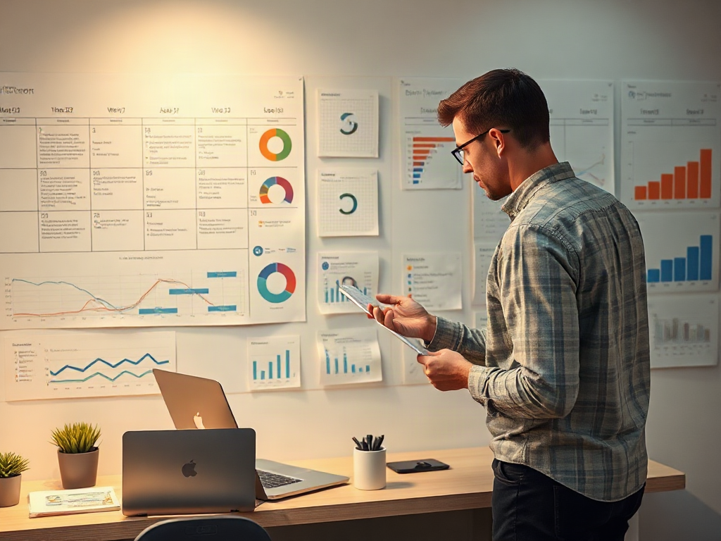 Two marketers review a content calendar beside assets and analytics dashboards