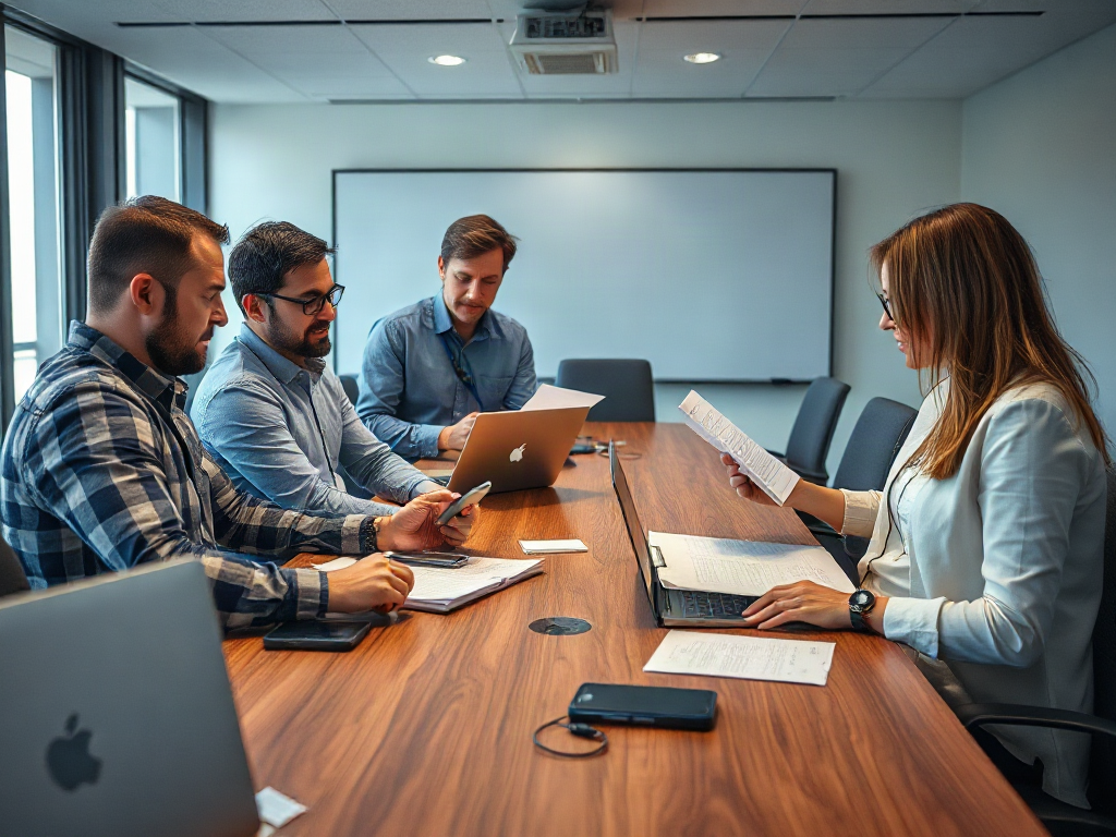Managers reviewing printed posting policies beside phones and laptops in a conference room