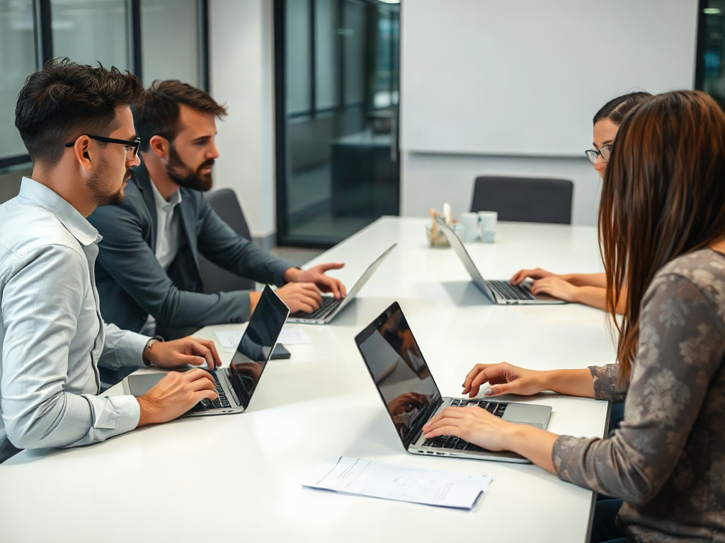 Social Media Policy Requirements for Growing Teams: Checklist Team members around a conference table reviewing account permissions on laptops
